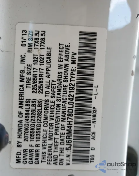 2013 Honda Cr-V Exl из США, поврежденный, VIN 5J6RM4H78DL042192